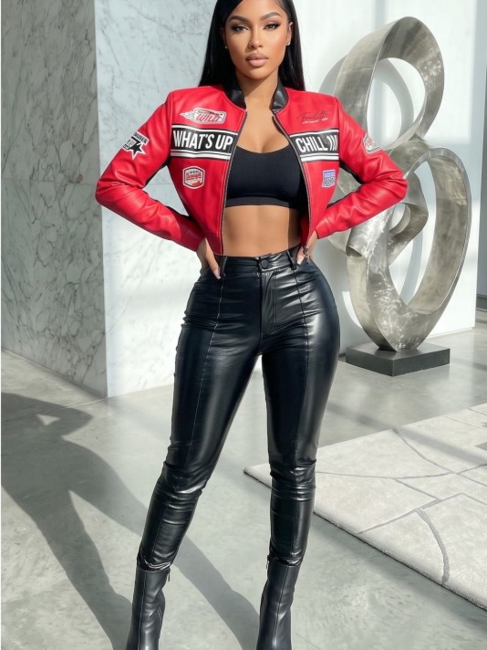 Red Patch-Detail Women's Cropped Bomber Jacket J-92102